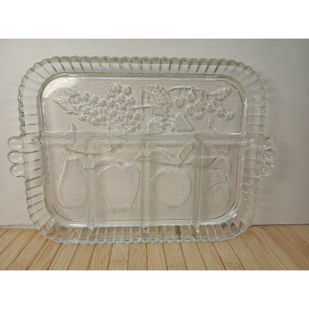 Indiana Glass Orchard Clear Fruit Embossed 5 Section Divided Serving Tray 12x9